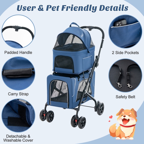 Gymax Double Pet Stroller for 2 Dogs or Cats w/ 2 Detachable Carriers Safety Belt Blue
