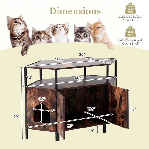 Gymax Corner Cat Litter Box Enclosure End Table w/ Open Shelf 2 Entries Double Doors Rustic Brown