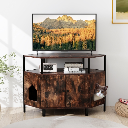 Gymax Corner Cat Litter Box Enclosure End Table w/ Open Shelf 2 Entries Double Doors Rustic Brown