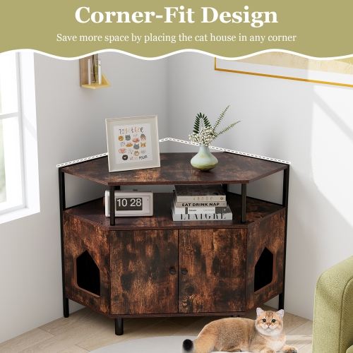 Gymax Corner Cat Litter Box Enclosure End Table w/ Open Shelf 2 Entries Double Doors Rustic Brown