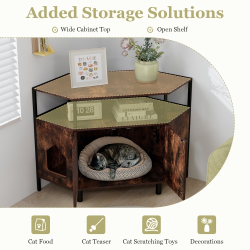 Gymax Corner Cat Litter Box Enclosure End Table w/ Open Shelf 2 Entries Double Doors Rustic Brown