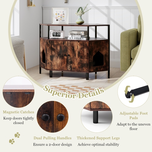 Gymax Corner Cat Litter Box Enclosure End Table w/ Open Shelf 2 Entries Double Doors Rustic Brown