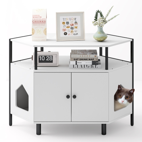 Gymax Corner Cat Litter Box Enclosure End Table w/ Open Shelf 2 Entries Double Doors White