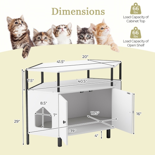 Gymax Corner Cat Litter Box Enclosure End Table w/ Open Shelf 2 Entries Double Doors White