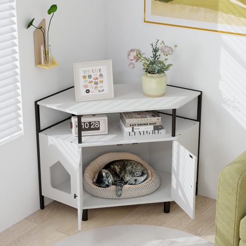 Gymax Corner Cat Litter Box Enclosure End Table w/ Open Shelf 2 Entries Double Doors White