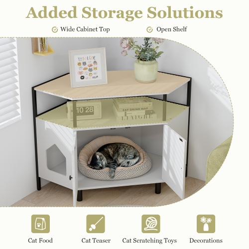 Gymax Corner Cat Litter Box Enclosure End Table w/ Open Shelf 2 Entries Double Doors White