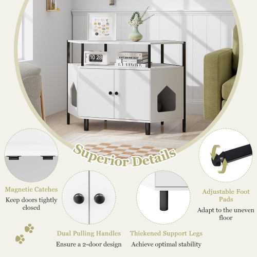 Gymax Corner Cat Litter Box Enclosure End Table w/ Open Shelf 2 Entries Double Doors White