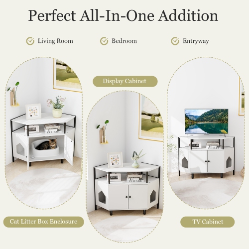 Gymax Corner Cat Litter Box Enclosure End Table w/ Open Shelf 2 Entries Double Doors White