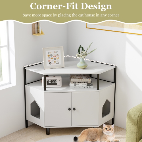Gymax Corner Cat Litter Box Enclosure End Table w/ Open Shelf 2 Entries Double Doors White