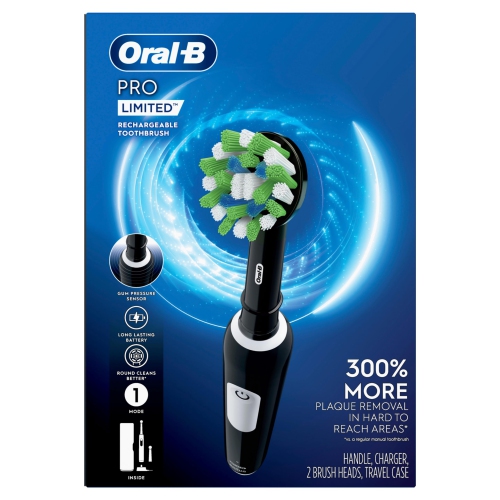 Oral-B Pro Limited Electric Toothbrush, Black, Rechargeable Power Toothbrush with 2 Brush Heads and Travel Case