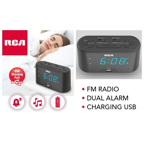 Radio-réveil numérique de RCA avec chargement USB - Noir