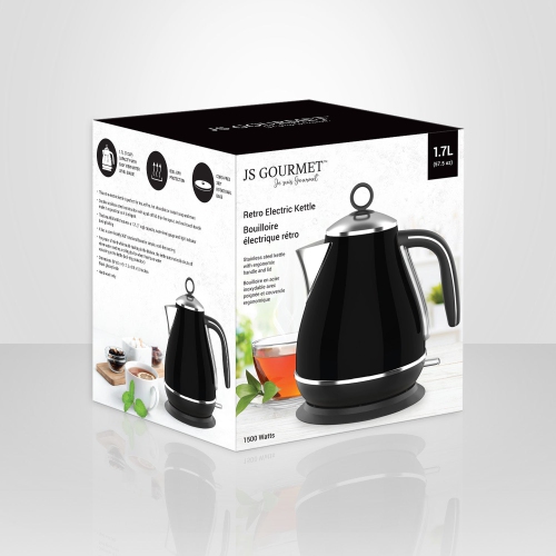 JS Gourmet - Retro Stainless Steel Electric Kettle, 1.7 Liter Capacity, Black