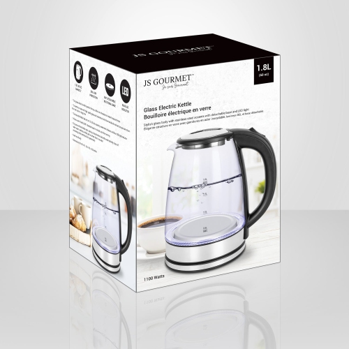 JS Gourmet – bouilloire électrique en verre avec éclairage à DEL, capacité de 1,8 litre, 1100 watts