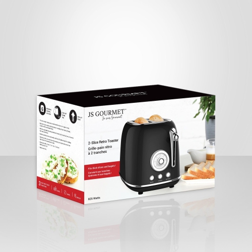 JS Gourmet - Extra-Large 2-Slice Retro Toaster, 6 Browning Levels, 825 Watts, Black