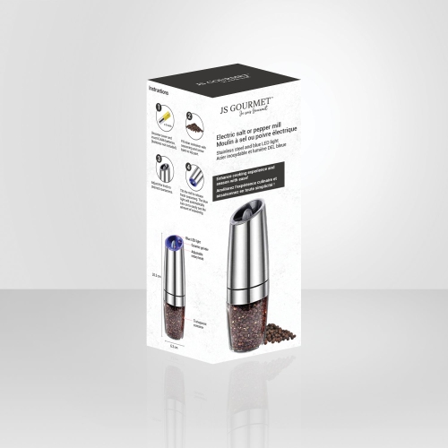 JS Gourmet- Electric Salt or Pepper Mill With Blue LED Light, Silver