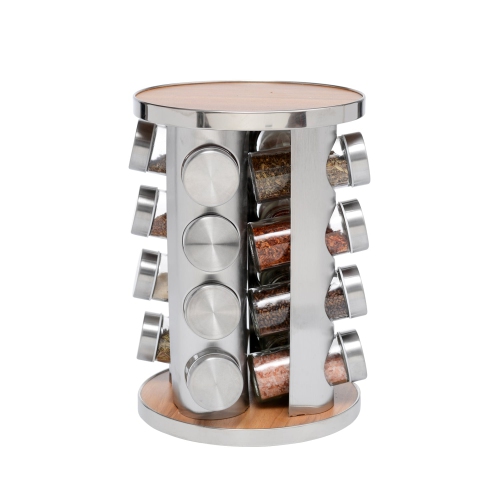 JS Gourmet - Rotating Stainless Steel Spice Rack with 16 Glass Jars