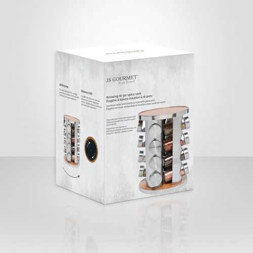JS Gourmet - Rotating Stainless Steel Spice Rack with 16 Glass Jars