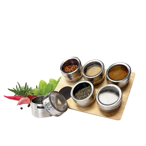JS Gourmet - 6 Stainless Steel Spice Containers with Magnetic Bamboo Holder