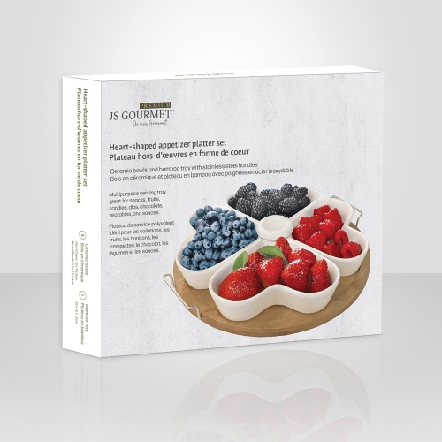 JS Gourmet – Plateau de service pour hors-d'oeuvre avec bols en céramique en forme de coeur