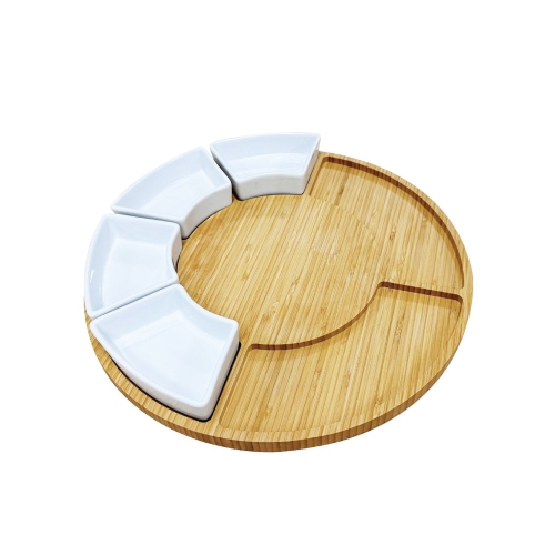 JS Gourmet - Bamboo Serving Tray Set with 4 Ceramic Bowls