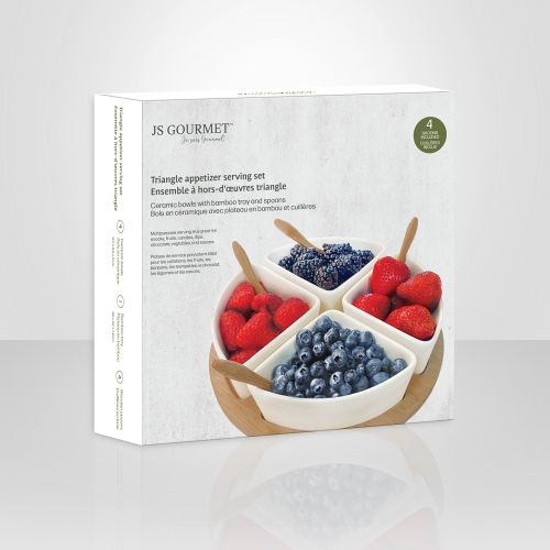 JS Gourmet - Appetizer Serving Set, Bamboo Tray, Ceramic Bowls and Spoons