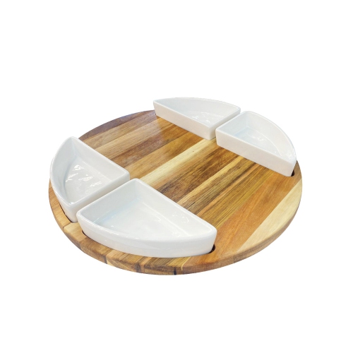 JS Gourmet - Ensemble de plateaux de service en bois d'acacia avec bol en céramique et couteaux