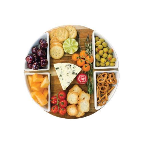 JS Gourmet - Ensemble de plateaux de service en bois d'acacia avec bol en céramique et couteaux