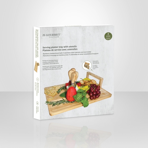 JS Gourmet – Plateau de service en bambou avec 4 outils à fromage