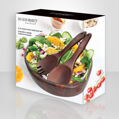JS Gourmet - 3 Piece Salad Bowl Set with Utensils, Made of Acacia Wood