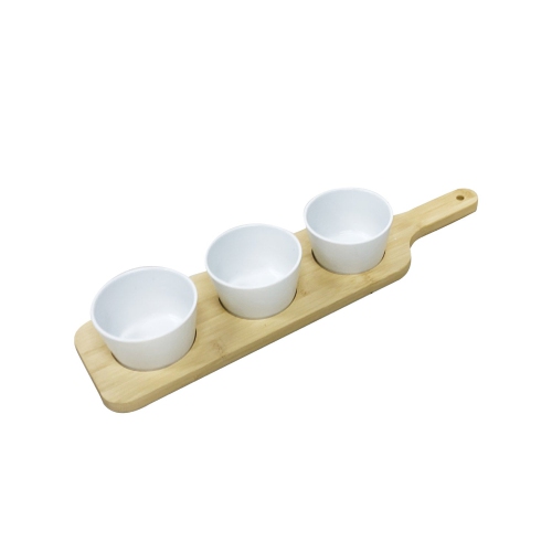 JS Gourmet – Ensemble de service 4 pièces, plateau en bambou, bols en céramique