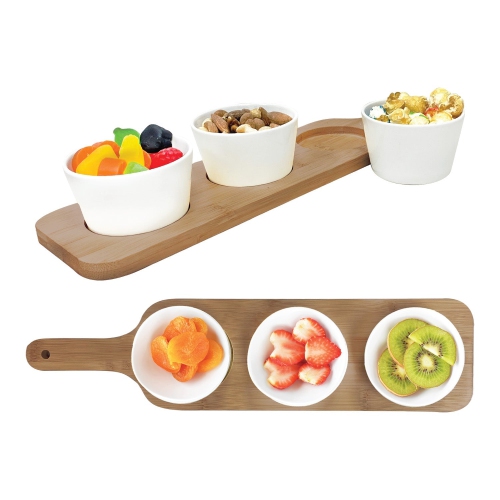 JS Gourmet – Ensemble de service 4 pièces, plateau en bambou, bols en céramique