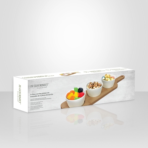 JS Gourmet – Ensemble de service 4 pièces, plateau en bambou, bols en céramique