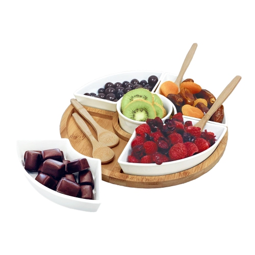 JS Gourmet - Appetizer Serving Set, Bamboo Tray, Ceramic Bowls and Spoons