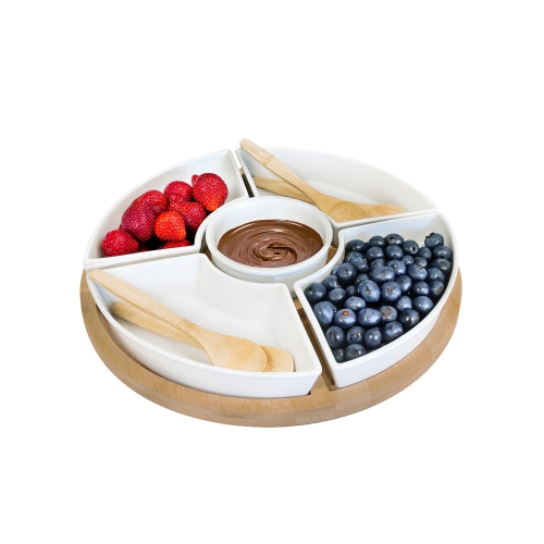 JS Gourmet - Appetizer Serving Set, Bamboo Tray, Ceramic Bowls and Spoons