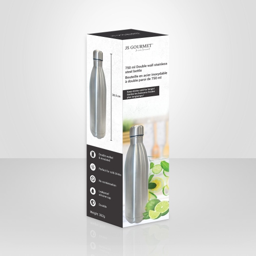JS Gourmet - Double Wall Stainless Steel Bottle, 750ml Capacity, Silver