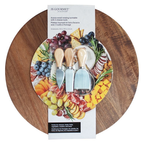 JS Gourmet - Acacia Wood Turntable with 3 Cheese Tools