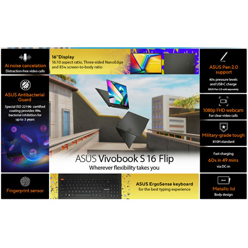 Portable à écran tactile de 16 po VivoBook S 16 Flip d'ASUS - Noir minuit