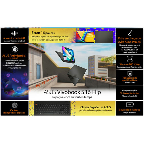 Portable à écran tactile de 16 po VivoBook S 16 Flip d'ASUS - Noir minuit