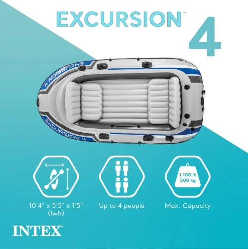 Intex Excursion 4-Person Inflatable Boat Set | Aluminum Oars & High Output Air Pump
