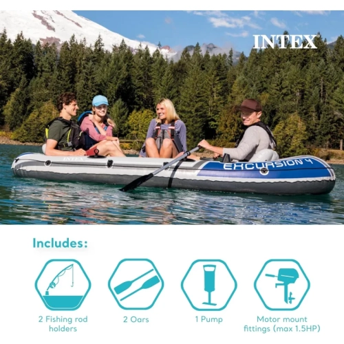 Intex Excursion 4-Person Inflatable Boat Set | Aluminum Oars & High Output Air Pump
