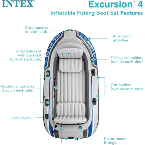 Intex Excursion 4-Person Inflatable Boat Set | Aluminum Oars & High Output Air Pump
