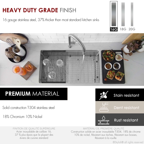 Stylish Versa33 Undermount 33" Workstation Stainless Steel 16-gauge Single-Bowl Kitchen Sink with Black Accessories S-613WK