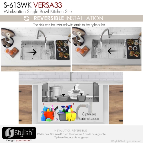 Stylish Versa33 Undermount 33" Workstation Stainless Steel 16-gauge Single-Bowl Kitchen Sink with Black Accessories S-613WK