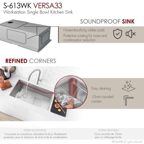 Stylish Versa33 Undermount 33" Workstation Stainless Steel 16-gauge Single-Bowl Kitchen Sink with Black Accessories S-613WK