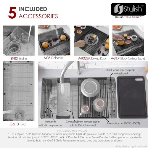 Stylish Versa33 Undermount 33" Workstation Stainless Steel 16-gauge Single-Bowl Kitchen Sink with Black Accessories S-613WK