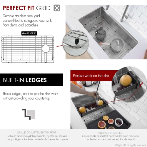 Stylish Versa33 Undermount 33" Workstation Stainless Steel 16-gauge Single-Bowl Kitchen Sink with Black Accessories S-613WK