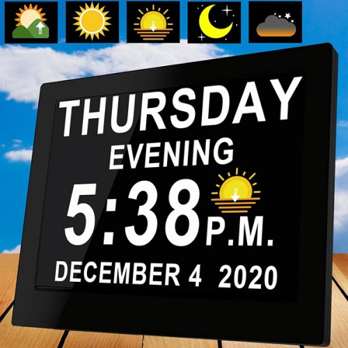 Véfaîî 20.32 x 3.81 x 16.13 cm 19 Alarms Large Day Clock 8 Inch with Auto Time Reset and Sun/Moon Icons Custom Alarms Digital Wall Clock for Heavy Sl