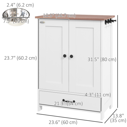 PawHut Dog Feeding Station, Furniture Style Pet Food Storage Container with Hidden Raised Bowls, Adjustable Panel, Hooks, for Medium Sized Dogs, White