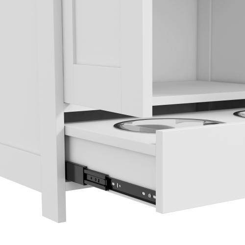 PawHut Dog Feeding Station, Furniture Style Pet Food Storage Container with Hidden Raised Bowls, Adjustable Panel, Hooks, for Medium Sized Dogs, White