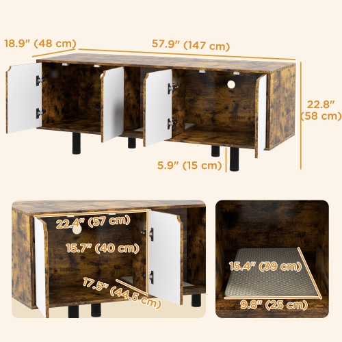 PawHut Hidden Cat Litter Box Enclosure for 2 Cats, Litter Box Furniture TV Stand Cat Condo with 2 Cabinets, Sand Drain Pad, Double Doors, for Indoor
